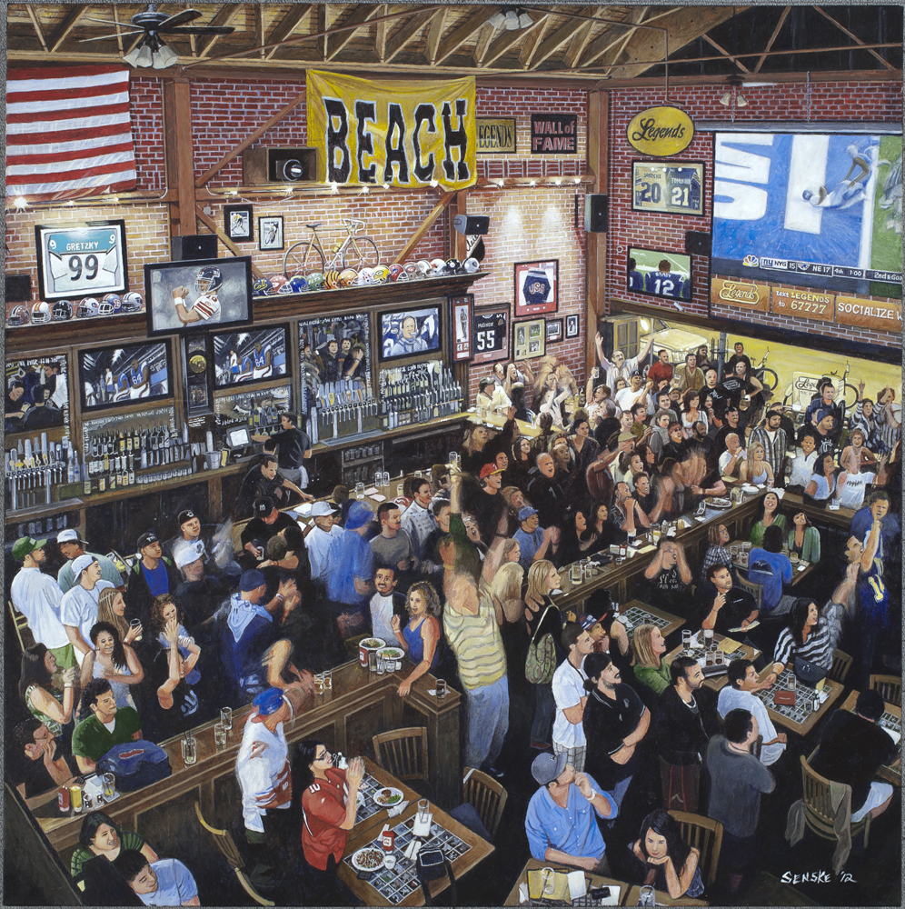 This is a scanned image of a one of a kind painting made by Long Beach local artist Robert Senske of a Legends Sports Bar crowd erupting in cheers.